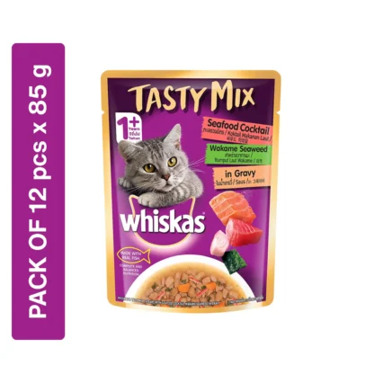 Whiskas Adult Tasty Mix Wet Cat Food Made With Real Fish, Seafood Cocktail Wakame Seaweed in Gravy